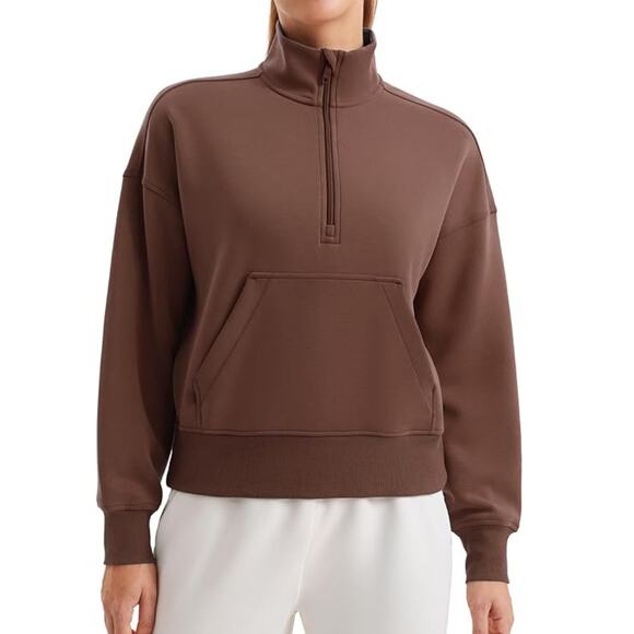 CRZ YOGA M/L SoftAura Brown Half Zip Funnel Neck Pocket Pullover Sweatshirt Top - Picture 1 of 12